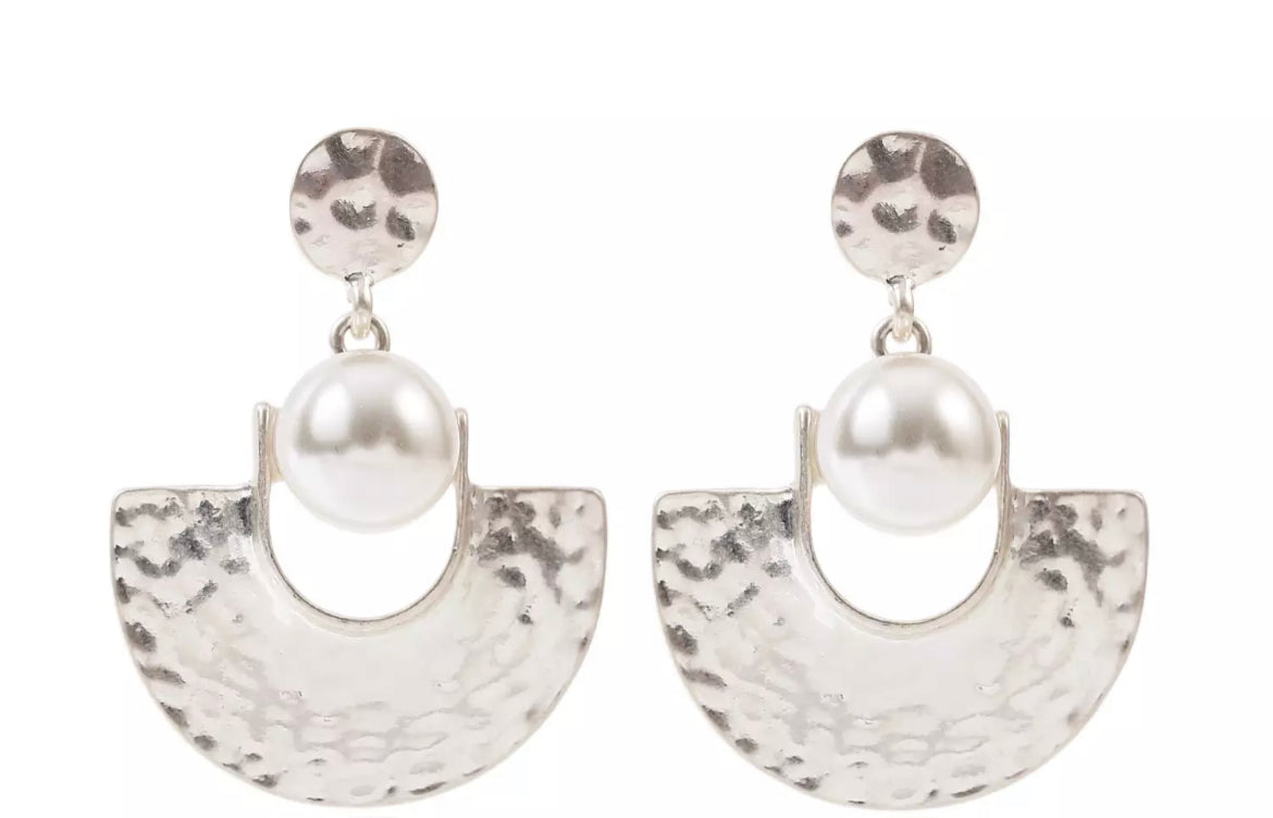 Silver and Pearl Fan Drop Earrings