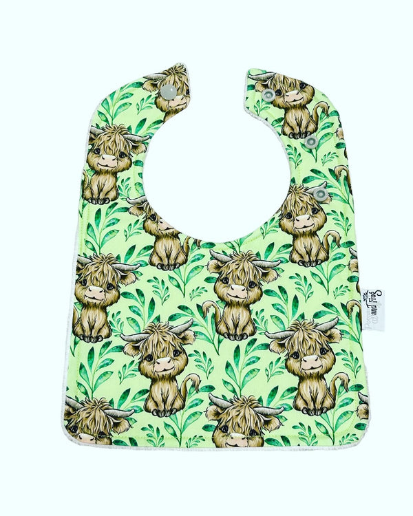 Highland Cow Yak Rounded Bib - Green Leaves