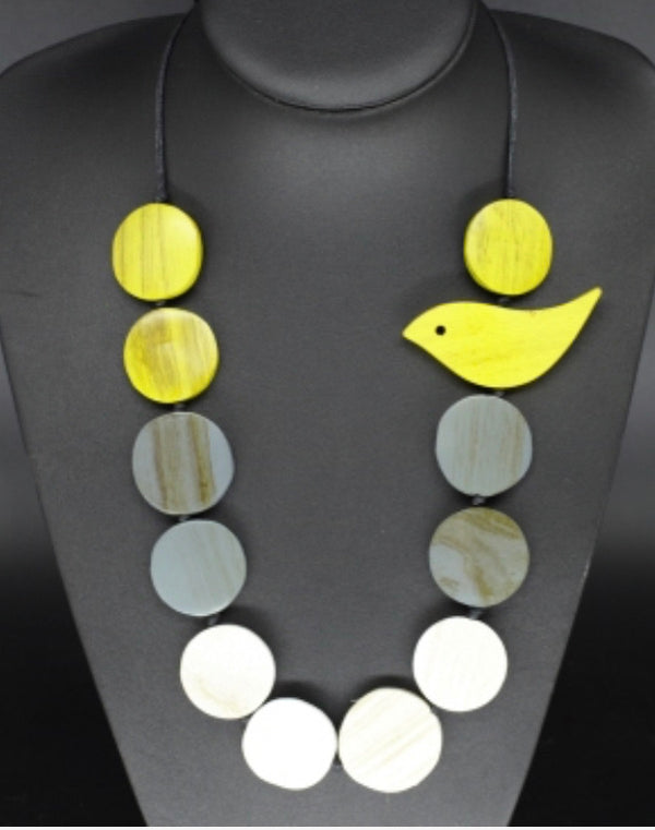 TJ Wooden Bird Bead Necklace - Yellow and Grey