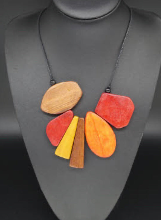 Wooden Beaded Necklace - Red, Orange, Mustard & Brown