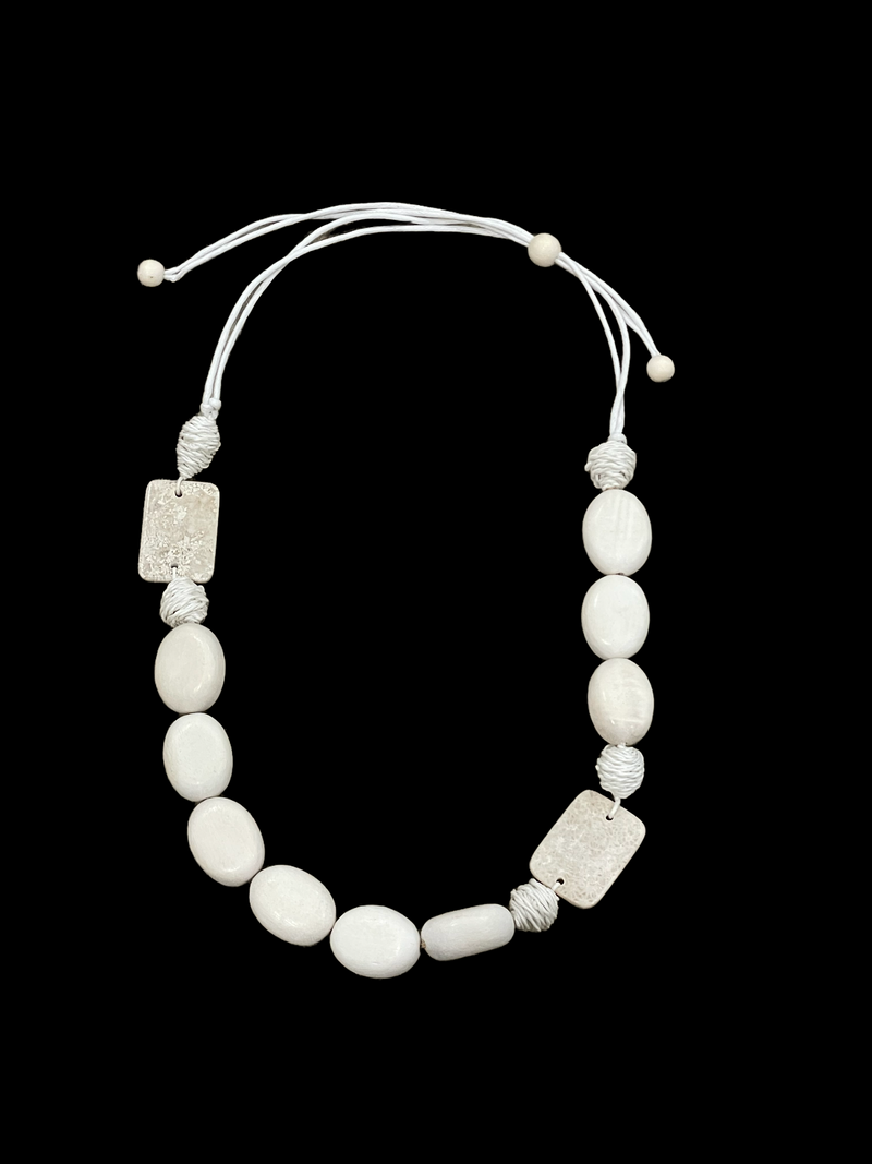 SC White Wood Bead Necklace with natural stone